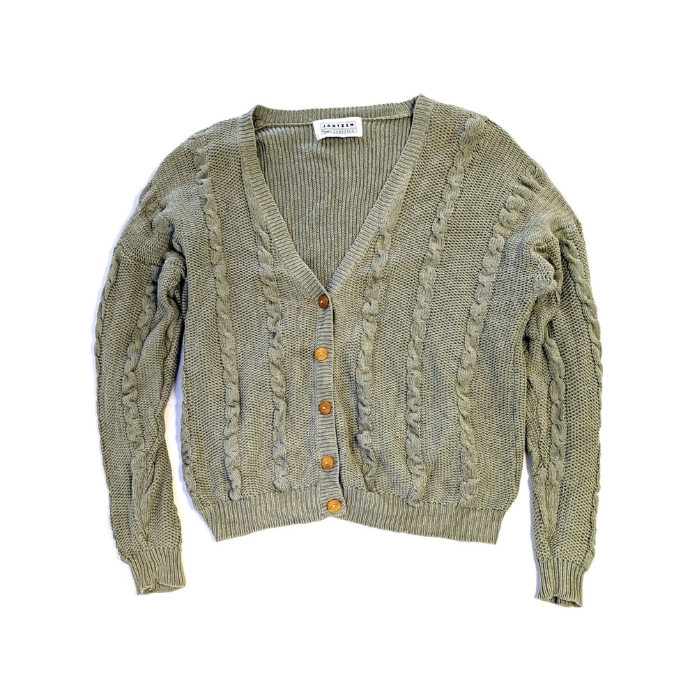 Jantzen Classics Vintage Sage Green Cable Knit Cardigan Sweater Button V-Neck L